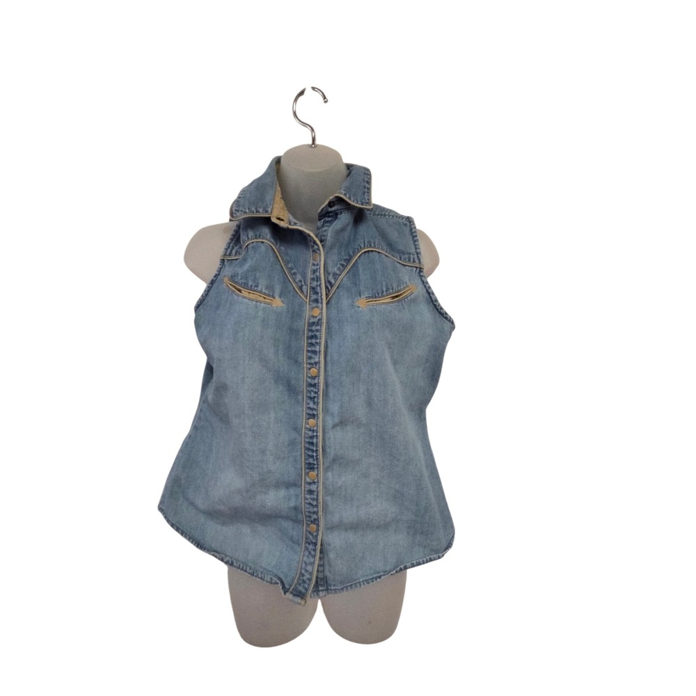 Vintage Wrangler Sleeveless Western Denim Snap Shirt Tan Trim Cowboy Y2K Large